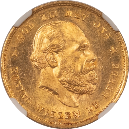 New Certified Coins 1879/7 NETHERLANDS 10 GULDEN GOLD, KM-106 – NGC MS-65, FRESH GEM! REALLY PRETTY!