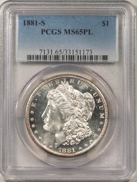 Morgan Dollars 1881-S MORGAN DOLLAR – PCGS MS-65 PL, PROOFLIKE, SUPERB, NEARLY DMPL!