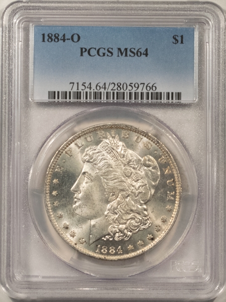 Morgan Dollars 1884-O MORGAN DOLLAR – PCGS MS-64, WHITE W/ A CLEAN CHEEK, PQ!