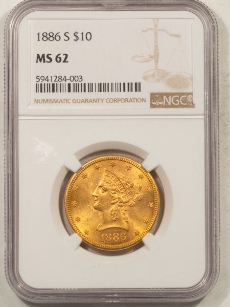$10 1886-S $10 LIBERTY GOLD – NGC MS-62, FLASHY, LUSTROUS & ATTRACTIVE!