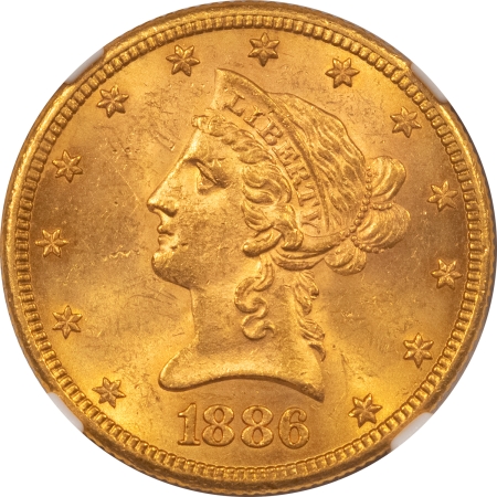 $10 1886-S $10 LIBERTY GOLD – NGC MS-62, FLASHY, LUSTROUS & ATTRACTIVE!