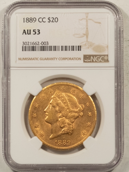 $20 1889-CC $20 LIBERTY GOLD – NGC AU-53, SMOOTH & LUSTROUS, TOUGH CARSON CITY GOLD!