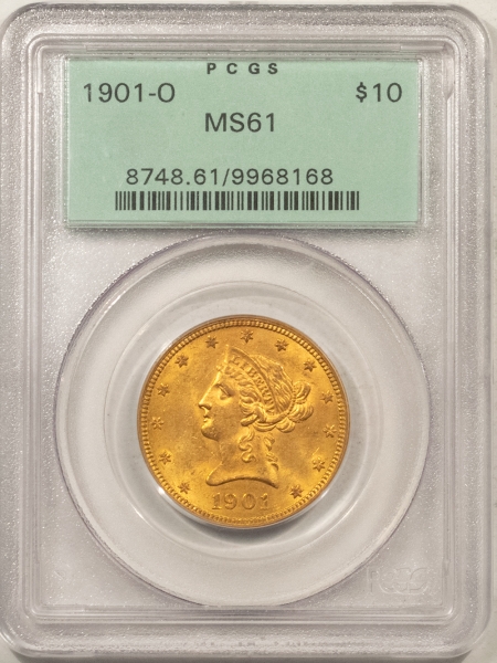 $10 1901-O $10 LIBERTY GOLD, PCGS MS-61, LOOKS 62+ PREMIUM QUALITY OLD GREEN HOLDER!