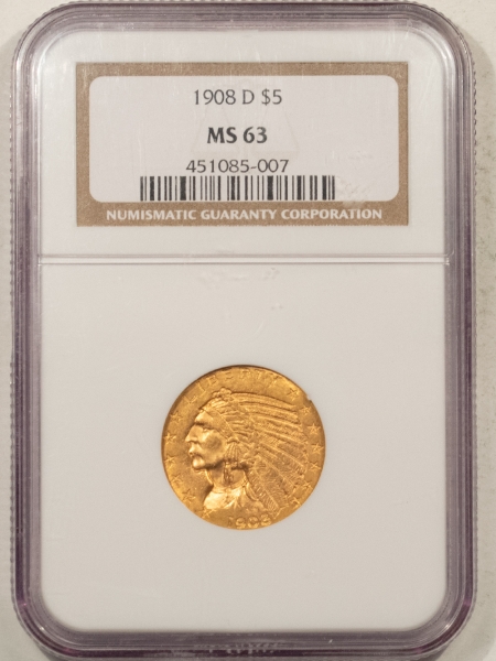 $5 1908-D $5 INDIAN GOLD HALF EAGLE – NGC MS-63, CHOICE & ATTRACTIVE!