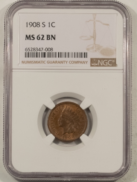 Indian 1908-S INDIAN CENT – NGC MS-62 BN, KEY-DATE!