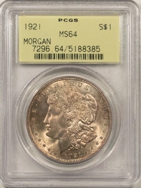Morgan Dollars 1921 MORGAN DOLLAR – PCGS MS-64, ORIGINAL TONED, OLD GREEN HOLDER!