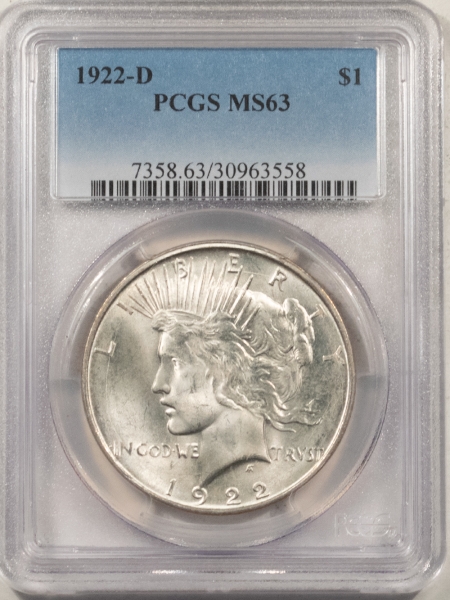 New Certified Coins 1922-D PEACE DOLLAR – PCGS MS-63 CREAMY WHITE, CHOICE!