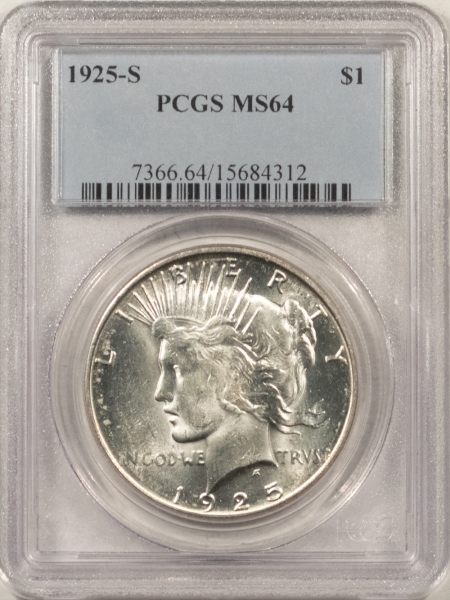 New Certified Coins 1925-S PEACE DOLLAR – PCGS MS-64, FROSTY! REALLY NICE FOR GRADE!