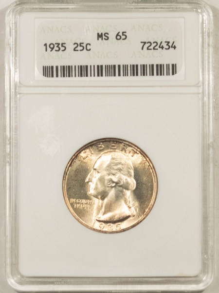 New Certified Coins 1935 WASHINGTON QUARTER – ANACS MS-65, FRESH GEM, PQ! OLD WHITE HOLDER!