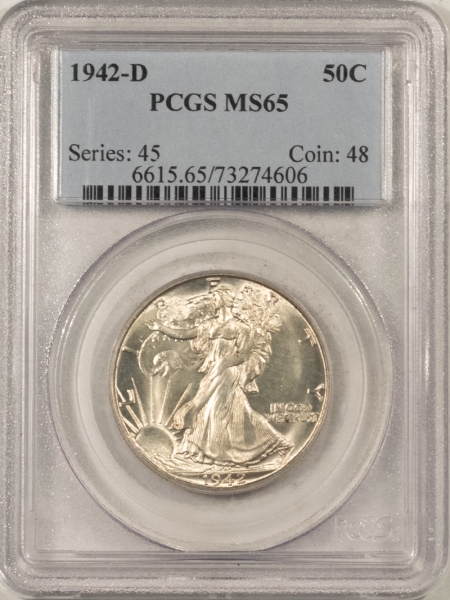 New Certified Coins 1942-D WALKING LIBERTY HALF DOLLAR – PCGS MS-65, WHITE GEM!