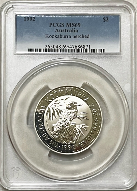 Bullion 1992 $2 AUSTRALIA KOOKABURRA PERCHED, 2 OZ .999 SILVER – PCGS MS-69, TOUGH!