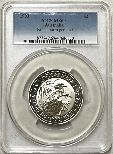 Bullion 1993 $2 AUSTRALIA KOOKABURRA PERCHED, 2 OZ .999 SILVER – PCGS MS-69, TOUGH!