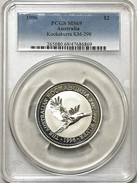 Bullion 1996 $2 AUSTRALIA KOOKABURRA KM-290, 2 OZ .999 SILVER – PCGS MS-69, TOUGH!