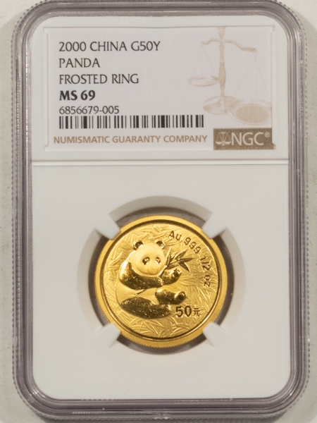 Bullion 2000 CHINA .999 50 YUAN 1/2 OZ GOLD PANDA, FROSTED RING – NGC MS-69, PRISTINE