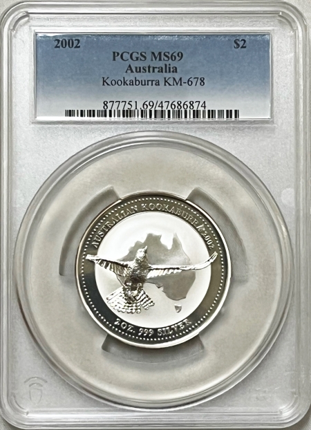 Bullion 2002 $2 AUSTRALIA KOOKABURRA KM-678, 2 OZ .999 SILVER – PCGS MS-69, TOUGH