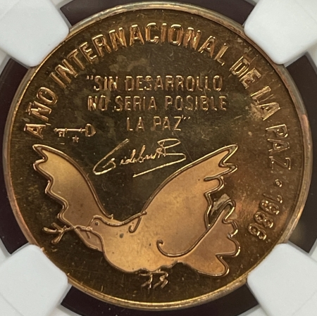 New Certified Coins CUBA 1986 LATON 5 PESOS INTL YEAR OF PEACE, COPPER PE NGC PF-66 RB CAMEO PATTERN