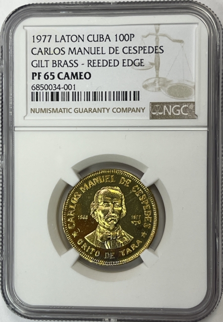New Certified Coins CUBA 1977 LATON 100 PESOS PATTERN STRUCK GILT BRASS/REEDED EDGE NGC PF65 CAMEO