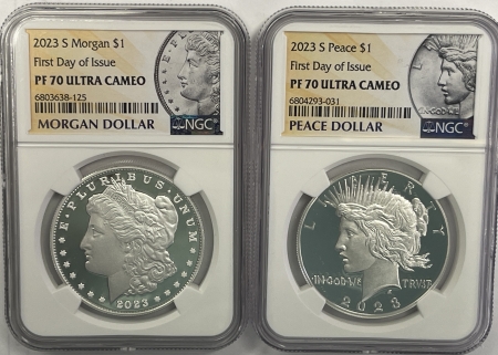 Dollars 2023-S MORGAN & PEACE DOLLAR COMMEM 2 COIN SET NGC PF-70 UCAM FIRST DAY OF ISSUE