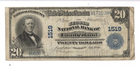 Large National Currency 1902 $20 PLAIN-BACK, CHTR #1519, 2ND NATIONAL BANK OF CUMBERLAND, MD-HONEST FINE