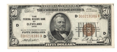 New Store Items 1929 $50 FEDERAL RESERVE NOTE, CLEVELAND, OH, FR 1880-D, VF-BRIGHT INTENSE COLOR