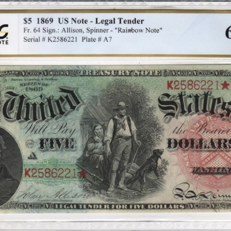New Store Items 1869 $5 RAINBOW LEGAL-TENDER, FR-64, PCGS 64 PPQ; FRESH FROM AN OLD COLLECTION