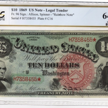 New Store Items 1869 $10 RAINBOW LEGAL-TENDER, FR-96, PCGS 64 PPQ; FRESH FROM AN OLD COLLECTION!