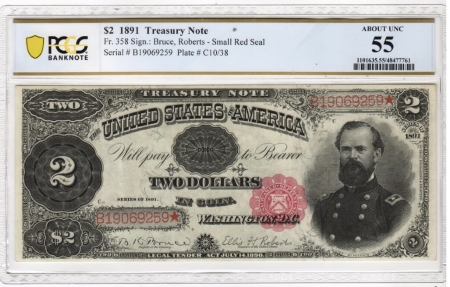 Large Treasury Note 1891 $2 TREASURY NOTE, FR-358, PCGS AU-55, RARE NOTE & FRESH FROM OLD COLLECTION
