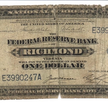 New Store Items 1918 $1 FEDERAL RESERVE NOTE, FR-721E; ORIGINAL G/VG, SPLITS; WORN BUT INTACT