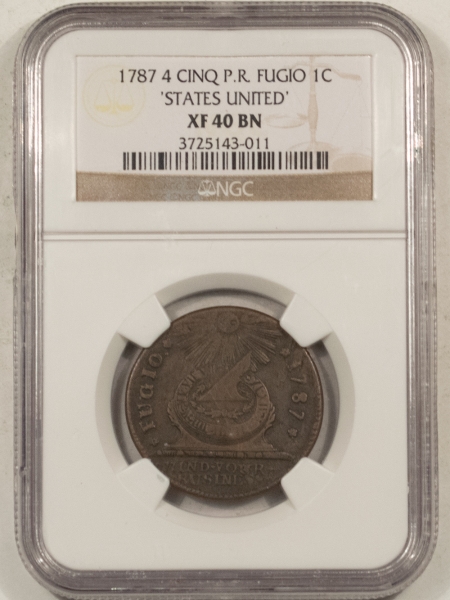 Colonials 1787 FUGIO CENT, 4 CINQ P.R., STATES UNITED – NGC XF-40 BN, NICE FIRST US CENT!