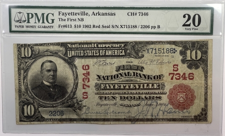 Large National Currency 1902 RED SEAL, FNB FAYETTVILLE, ARKANSAS $10, CHTR #7346, PMG VF-20-BRIGHT/FRESH
