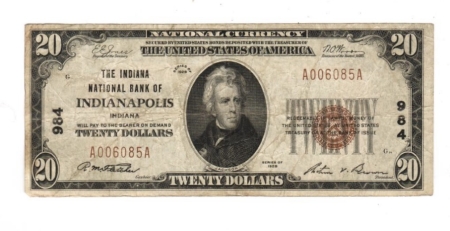 New Store Items 1929 $20 TY I, CHARTER 984, INDIANA NB OF INDIANAPOLIS, NATIONAL BANK NOTE, F/VF