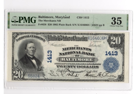 Large National Currency 1902 $20 PLAIN BACK, CH# 1413-MERCHANTS NB OF BALTIMORE, PMG CHOICE VF-35; NICE!
