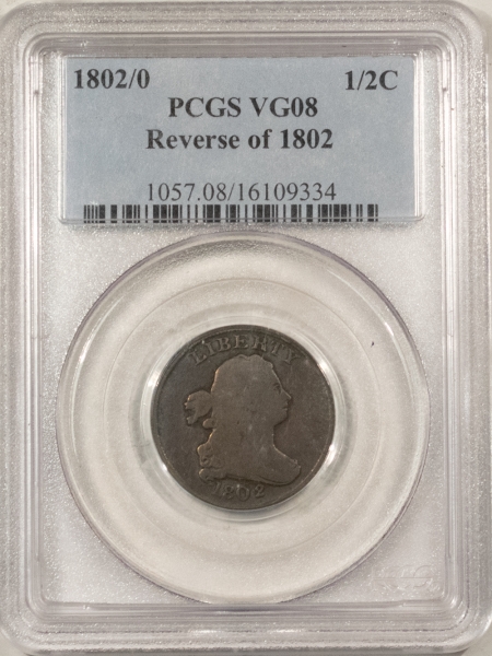 Draped Bust Half Cents 1802/0 DRAPED BUST HALF CENT, REVERSE OF 1802 – PCGS VG-8, TOUGH DATE!