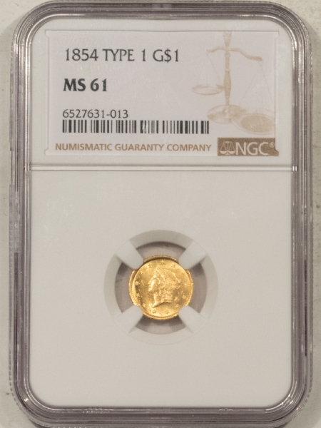 $1 1854 $1 GOLD DOLLAR, TYPE I – NGC MS-61