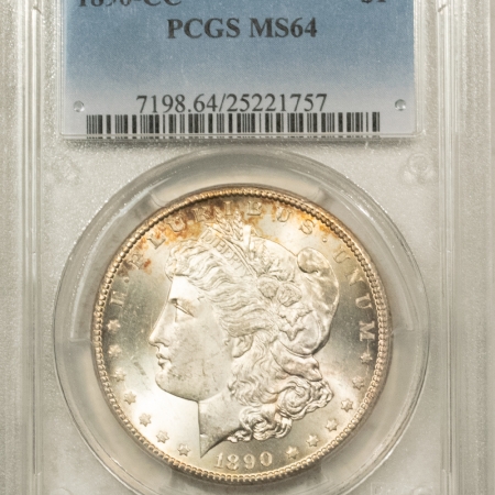 Morgan Dollars 1890-CC MORGAN DOLLAR – PCGS MS-64, LUSTROUS! PRETTY! CARSON CITY!