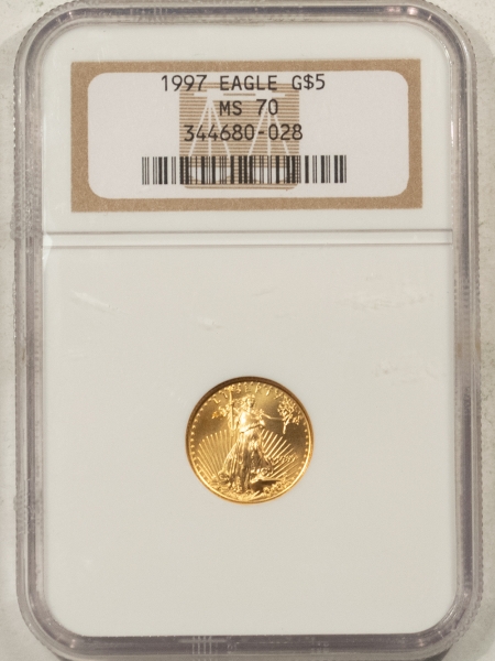American Gold Eagles, Buffaloes, & Liberty Series 1997 1/10 OZ $5 AMERICAN GOLD EAGLE – NGC MS-70, W/ GOLDEN TONING