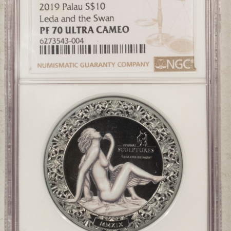 New Store Items 2019 PALAU $10 2 OZ SILVER, ETERNAL SCULPTURES LEDA AND THE SWAN, NGC PF-70 UCAM