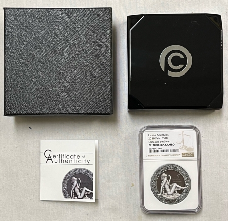 New Certified Coins 2019 PALAU $10 2 OZ SILVER, ETERNAL SCULPTURES LEDA AND THE SWAN, NGC PF-70 UCAM
