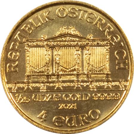 Gold Bullion 2021 AUSTRIA 1/25 OZ .9999 GOLD 4 EURO PHILHARMONIC, FRESH BU FROM ORIGINAL TUBE