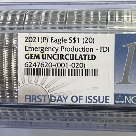 American Silver Eagles 2021(P) 20 COIN 1 OZ AMERICAN SILVER EAGLE ROLL NGC GEM UNC FIRST DAY, EMERGENCY