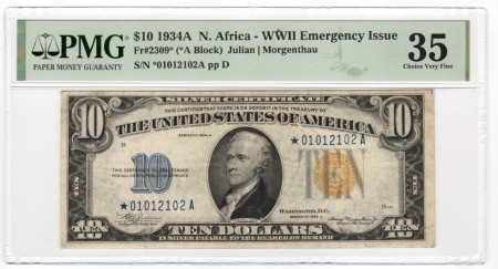 New Store Items 1934-A $10 NORTH AFRICA, WW II EMERGENCY, “STAR NOTE”, FR-2309*, PMG CH VF-35