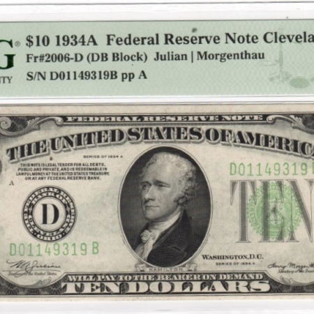 New Store Items 1934-A $10 FEDERAL RESERVE NOTE, FR-2006-D, PMG CH UNC 64; FRESH!