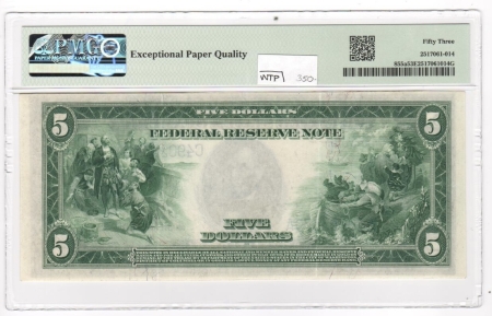 Large Federal Reserve Notes 1914 $5 FEDERAL RESERVE NOTE, FR-855a, PHILADELPHIA, PMG AU-53 EPQ!