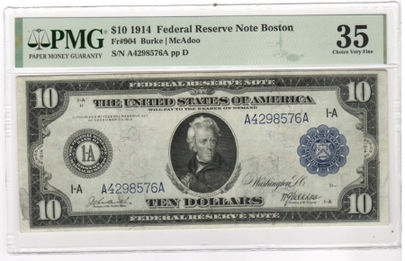 Large Federal Reserve Notes 1914 $10 FEDERAL RESERVE NOTE, FR-904, BOSTON, PMG VF-35-FOREIGN SUBSTANCE NOTED