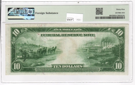 Large Federal Reserve Notes 1914 $10 FEDERAL RESERVE NOTE, FR-904, BOSTON, PMG VF-35-FOREIGN SUBSTANCE NOTED