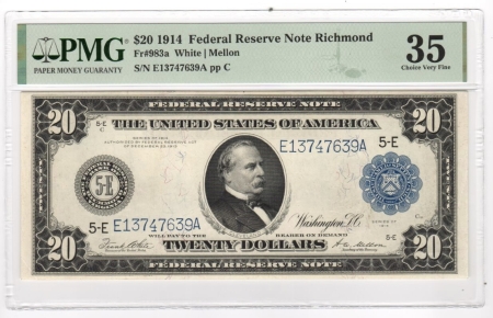 Large Federal Reserve Notes 1914 $20 FEDERAL RESERVE NOTE, FR-983a, RICHMOND, PMG CHOICE VF-35-LOOKS UNC!