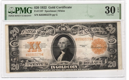 Large Gold Certificates 1922 $20 GOLD CERTIFICATE, FR-1187, PMG VF-30, EPQ!